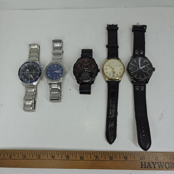 Vtg Watch Lot of 5 Mens Rocawear Time Piece Silver Black Leather Wrist Watches - Picture 2 of 14